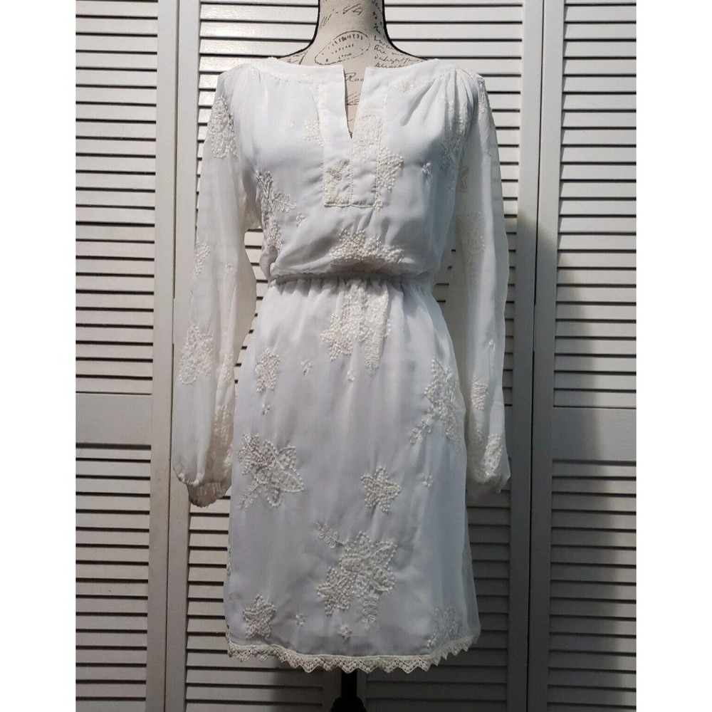 Chelsea & Violet Embroidered Boho Mini Dress Women's Medium Ivory Long Sleeve